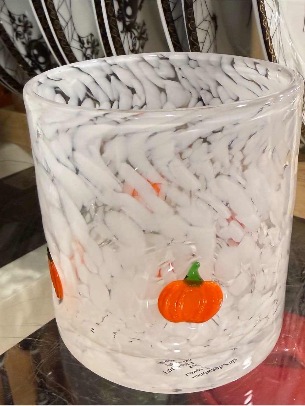 Hand-Blown White confetti glass  with Orange Pumpkin Accent - Picture 3 of 3
